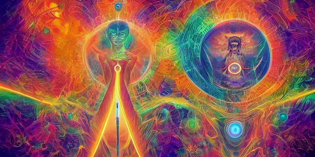 Image similar to transcendence into collaborative intelligence, endless collaboration with ai, connectedness, body, by alex grey, album cover, award winning, beautiful, colorful, volumetric lighting, trending on artstation, cinematic