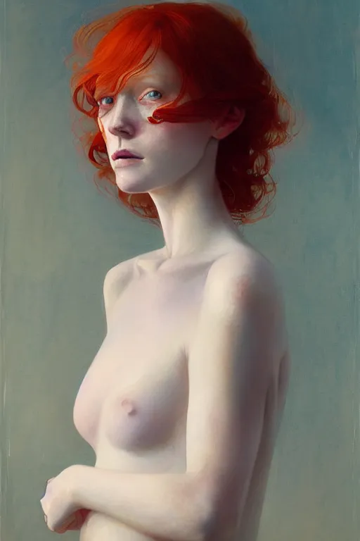 Image similar to of beautiful redhead female, beauty portrait by greg rutkowski, hilma af klint, moebius, victo ngai, sharp focus, global illumination, highly detailed, masterpiece, award winning, post processing