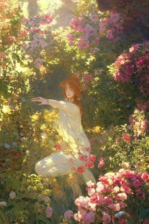 Image similar to a beautiful painting of a garden, ray of light, warm, shimmering and prismatic, rococo, by krenz cushart and mucha and monet, trending on artstation.