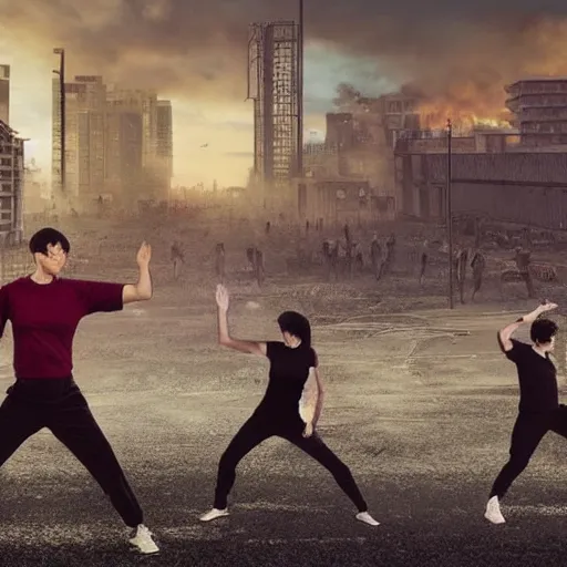 Image similar to realistic picture, post apocalyptic city on fire in the background, group of people practicing tai chi in the foreground