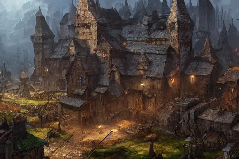 Prompt: A large medieval settlement where iron is the main material used, fantasy, D&D, concept art, sharp focus, trending on artstation, digital painting