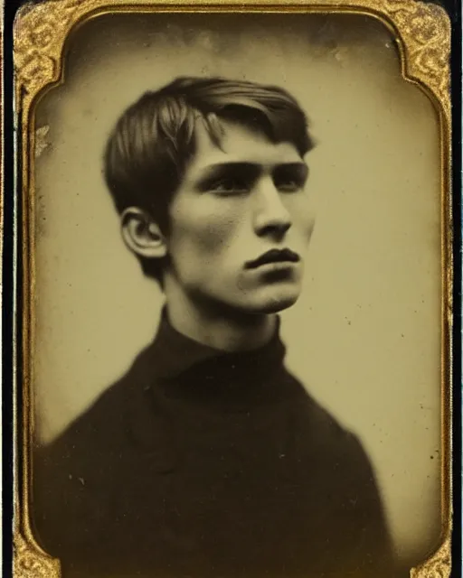 Image similar to tintype photo of alyosha karamazov, handsome innocent young russian man, by julia margaret cameron 1 8 8 0 s, realistic, body shot, sharp focus, 8 k high definition, insanely detailed, intricate, elegant