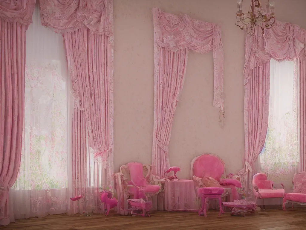 Image similar to 3D render of vintage interior house with very large pink curtains and toys on the floor and a rocking horse in the middle, High detail, Octane Render, faded colors, pastel colors