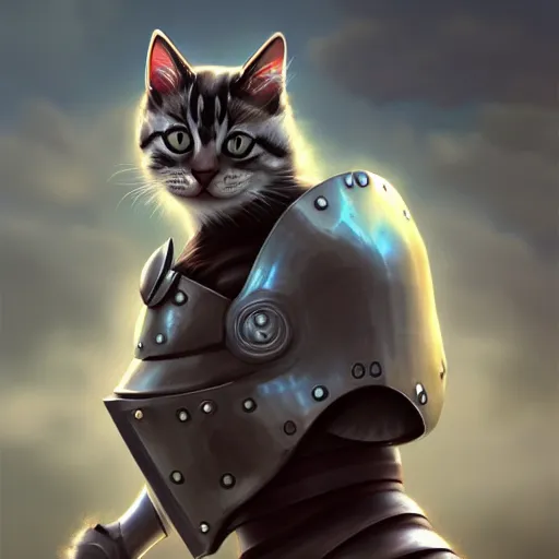 Image similar to cat in steel armor on a cloud, digital art, digital painting, artstation, devian art, 4 k, hd