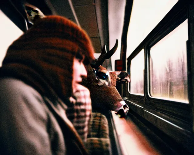 Image similar to a lomography photo of rumble between two human with deer head in soviet train this morning, bokeh,