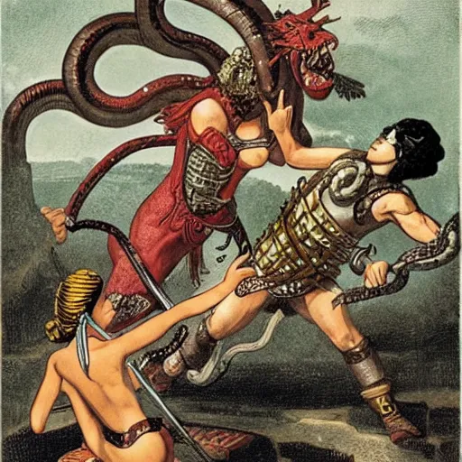 Prompt: Medusa The Queen Of Snake Castle fighting A young warrior who wants to take her down.