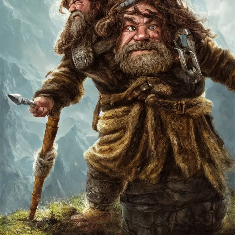 Image similar to dwarf with hammer in mountains, lord of the rings style, fantasy, poster, character portrait, portrait, close up, concept art, intricate details, highly detailed, full body, 8 k, detailed face, body