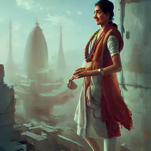 Image similar to Anxious beautiful young female Indian Doctor catching a flight, by Cedric Peyravernay, highly detailed, excellent composition, cinematic concept art, dramatic lighting, trending on ArtStation