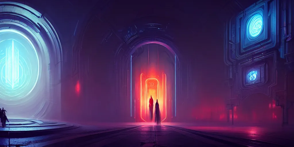 Prompt: portal to the ethereal realm, centered composition, intricate concept art, ethereal, ominous, mysterious, enchanted, magic, dramatic lighting, illuminated lines, outrun, vaporware, illuminated runes, cyberpunk darksynth, dark background, 8 k, octane render, by ruan jia and krenz cushart and alphonse mucha