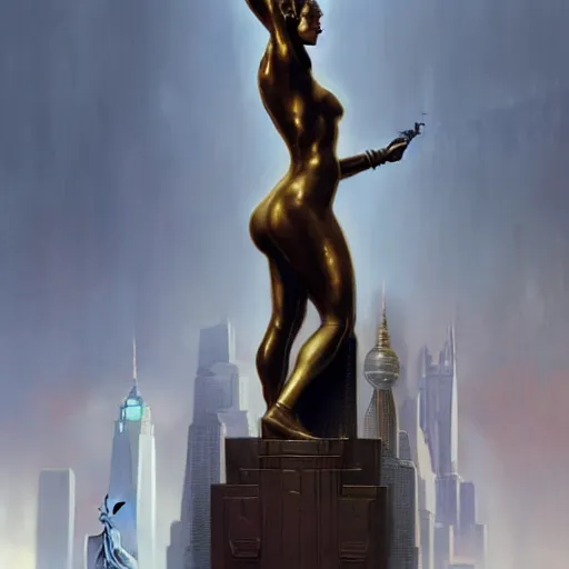 Image similar to a bronze statue stands as the centerpiece of futuristic art deco new york city, fantasy, intricate, elegant, digital painting, trending on artstation, concept art, sharp focus, illustration by greg rutkowski, Gaston Bussiere and artgerm, 4k.