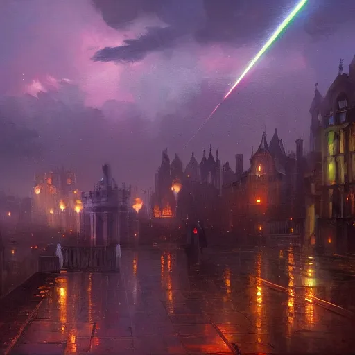 Prompt: a beautiful artwork painting of spaceships shooting laser beams above rainy victorian london at sunset, by andreas rocha, featured on artstation