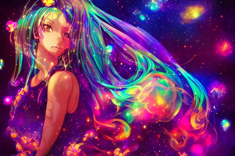 Image similar to psychedelic, full body, whimsical, anime, 4k, beautiful lusty woman blowing smoke, with professional makeup, long trippy hair, a crystal and flower dress, sitting in a reflective pool, surrounded by gems, underneath the stars, rainbow fireflies, trending on patreon, deviantart, twitter, artstation, volumetric lighting, heavy contrast, art style of Ross Tran and Viktoria Gavrilenko and Ilya Kuvshinov