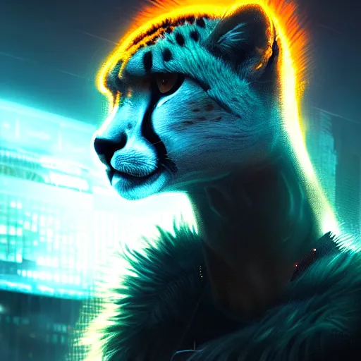 Image similar to a beautiful commission portrait of a male anthro cheetah wearing a neon jacket,futuristic,detailed face,mohawk,cyberpunk city,deviantart,artstation,art by greg rutkowski,ross tran,professional lighting,neon city,night,raytracing,highly realistic,4k,dramatic,hyperrealism