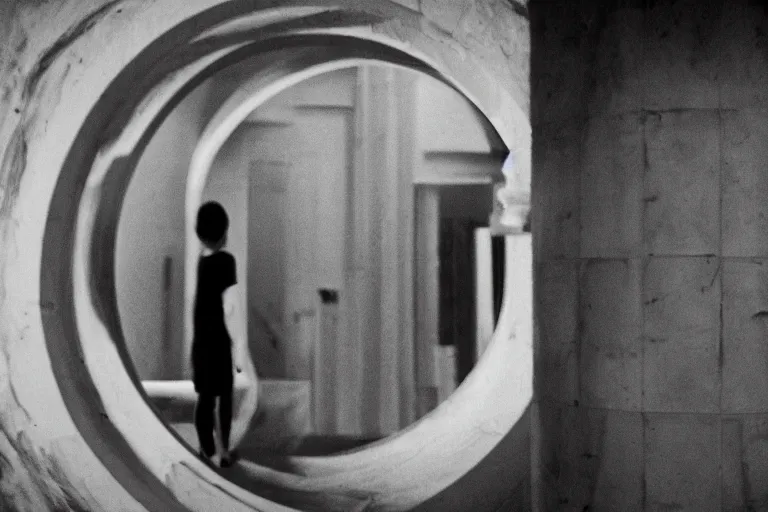 Image similar to a philosopher staring into a portal to multi - dimensional latent space wondering whether or not to leap in, cinematic 4 k, 3 5 mm film, spieberg, black and white