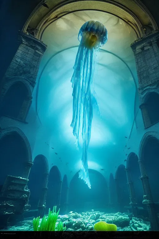 Prompt: high quality photo of cinematic underwater dystopian neo - gothic cathedral ruins with giant luminescent colorful aquatic plants and jellyfish, digital art masterpiece, aykut aydogdu eric zener, dramatic volumetric light, long shot, low angle uhd 8 k, sharp focus