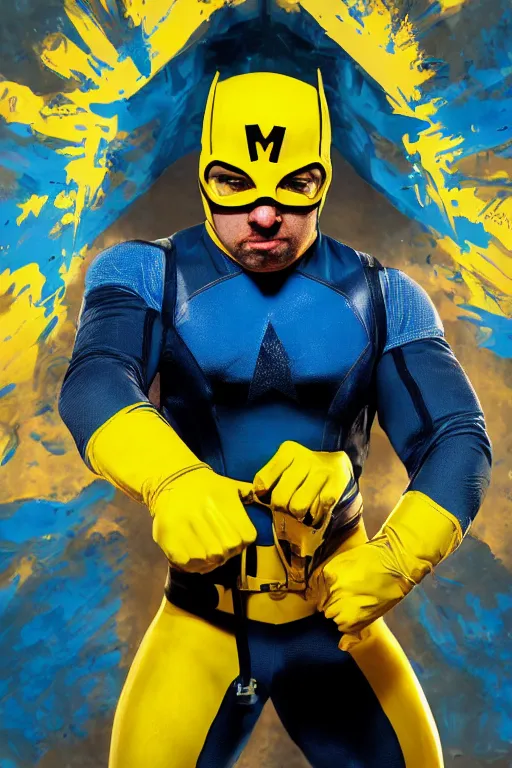 Image similar to marvel superhero, strong man with blue and yellow costume, goggles and leather helmet, yellow boots, yellow gloves, detailed portrait, dark background texture, 8 k, concept art, illustration by john byrne and terry austin. cinematic dramatic atmosphere, sharp focus, volumetric lighting, cinematic lighting, studio quality