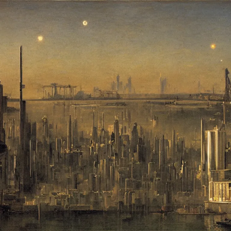 Image similar to a science fiction city harbour, painted by bierstadt and giorgio de chirico, tall buildings from the viewpoint of a bystander