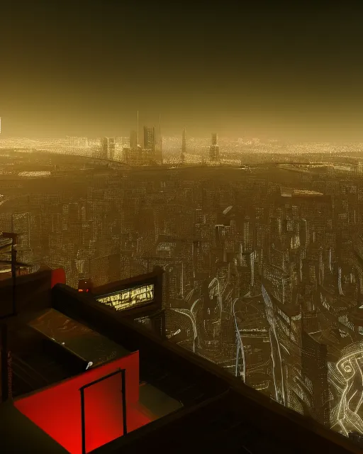 Prompt: a night rooftop scene by Frank Miller, neon lights in the city below, low angle shot of a photorealistic gangster wearing a trench coat looking at the city below, dark mood, octane render, unreal engine 5, vray render