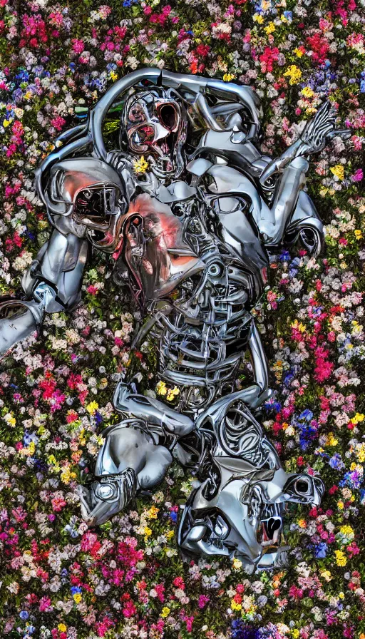 Prompt: destroyed terminator lying in a field of flowers, twisted metal, chrome, reflections, anthropomorphic, photorealism, smoke, metal, 8 k, surreal, wires, smooth, sharp focus, top view, extremely detailed, hyperrealism, elegant, establishing shot, by jeff koons, artgerm and greg rutkowski