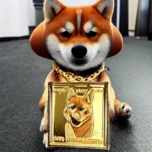 Prompt: snoop dog but it's a shiba dog, holding gold coins