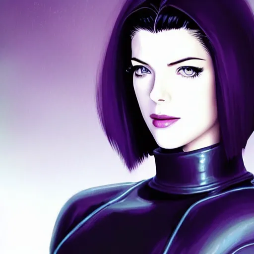 Image similar to A combination of Grace Kelly's and Katheryn Winnick's and Ashley Greene's faces with long eyelash makeup as Motoko Kusanagi from Ghost in The Shell, western, fantasy, intricate, elegant, highly detailed, digital painting, artstation, concept art, matte, sharp focus, illustration, half body portrait, art by Artgerm and Greg Rutkowski and Alphonse Mucha