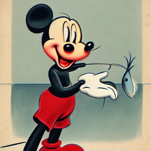 Prompt: vintage 1 9 3 0 s mickey mouse biting a bloody fish