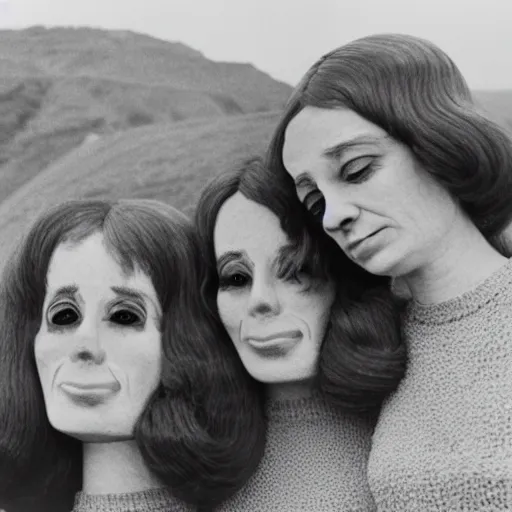 Image similar to two middle aged woman with inflatable heads on top of their heads, wearing dresses, in the hillside, 1976 French film, archival footage, technicolor film expired film live-action, 16mm