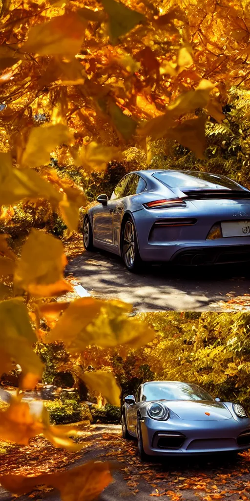 Image similar to photo of a porsche driving through autumn leaves, cinematic lighting, anti aliasing