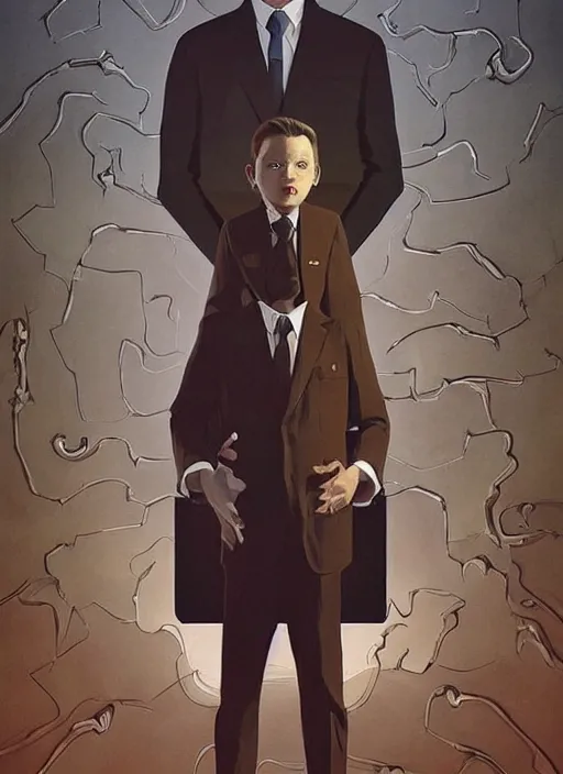 Image similar to poster artwork by Michael Whelan and Tomer Hanuka, Karol Bak of a young boy in a full sized suit, he has the evil spirit of BOB inside him, sitting in the board room, interior from scene from Twin Peaks, clean