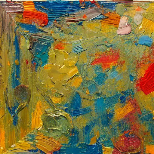 Image similar to oil paint impasto relief, multi layered abstract texture thick brush marks, some splattered paint, in the style of monet and frank auerbach