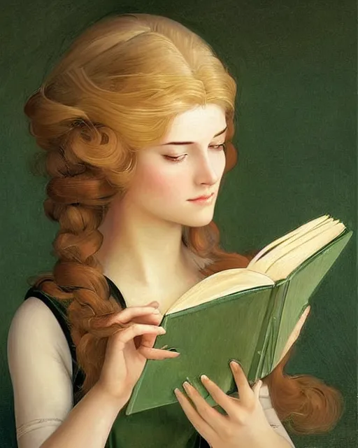 Prompt: a girl reading a book, her hair flowing down, beautiful face, oil on canvas, artstation, by j. c. leyendecker and edmund blair leighton and charlie bowater, beautiful face, octane, very aesthetic!!!!!!!!!!!!!!! stunning gorgeous green eyes