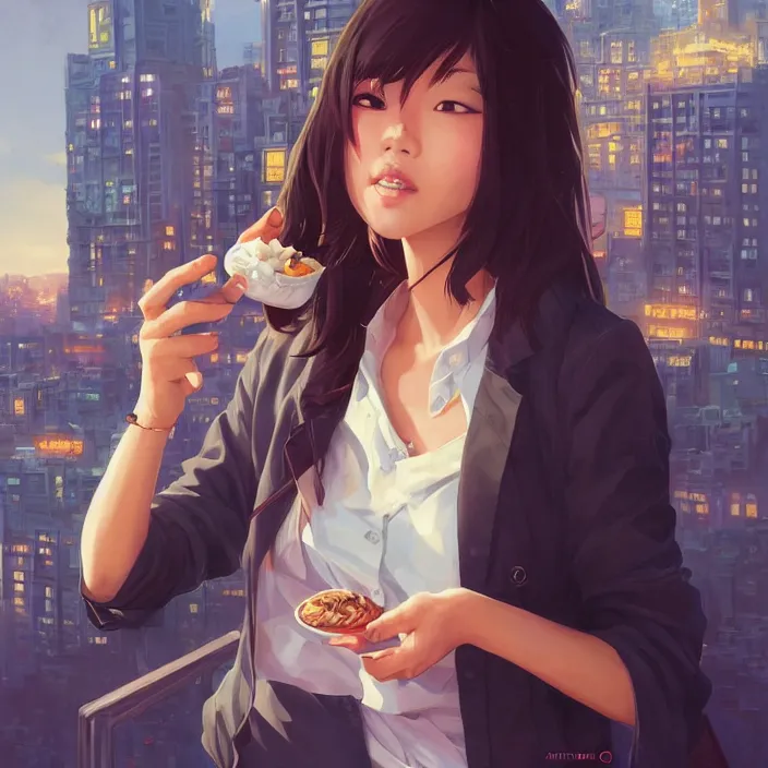 Prompt: asian girl eating a ritz cracker by artgerm, tooth wu, dan mumford, beeple, wlop, rossdraws, james jean, marc simonetti, artstation giuseppe dangelico pino and michael garmash and rob rey and greg manchess and huang guangjian and makoto shinkai