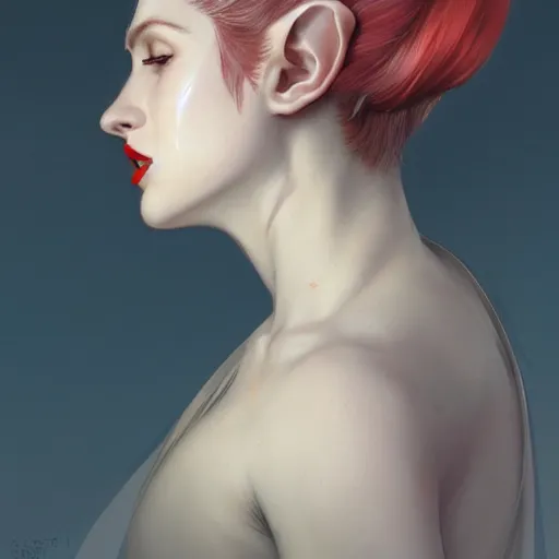 Prompt: side portrait of very beautiful elf, hair over face, headshot, looking up, hyper realistic, pale skin, red lips, bright white iridescent hair finish, white dress, 4k, rule of thirds, extreme detail, detailed drawing, trending artstation, hd, fantasy, D&D, realistic lighting, by Alphonse Mucha, Greg Rutkowski, sharp focus, backlit, elegant