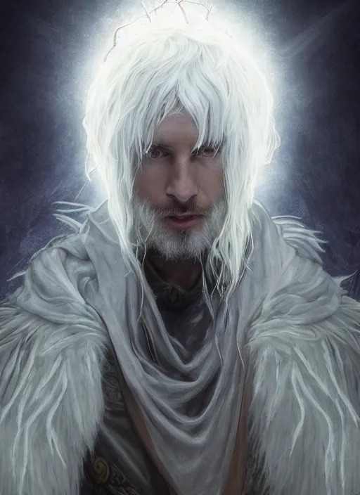 Image similar to Portrait of warlock angel, white glowing eyes, silver shaggy hair, short scruffy beard, cloak, ethereal wings, male, fantasy, extremely detailed, digital painting, artstation, concept art, smooth, sharp focus, illustration, stunning lighting, art by artgerm and greg rutkowski and alphonse mucha and simon stalenhag, realistic character concept, high fantasy, light atmosphere, golden ratio, cinematic lighting, hyperdetailed, high resolution, insanely detailed and intricate, artstation, Marc Simonetti, Greg Rutkowski, 8k