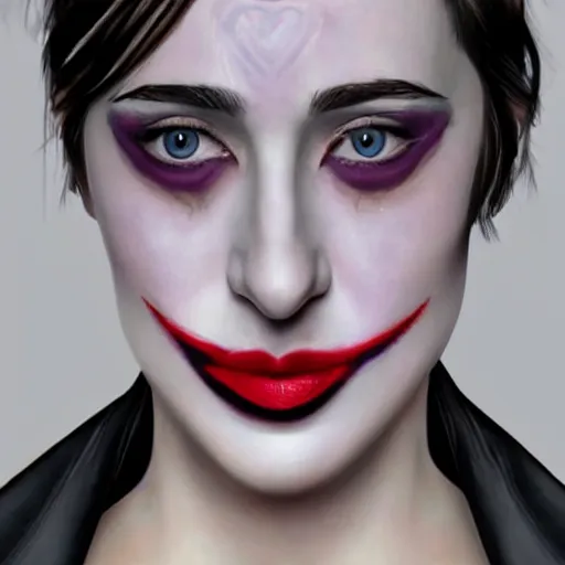 Image similar to beautiful dakota johnson with joker makeup, highly detailed, realistic face, detailed face, amazing digital art