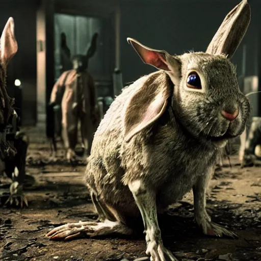 Prompt: a dark army decaying zombie rabbits infected with the T-virus, film still