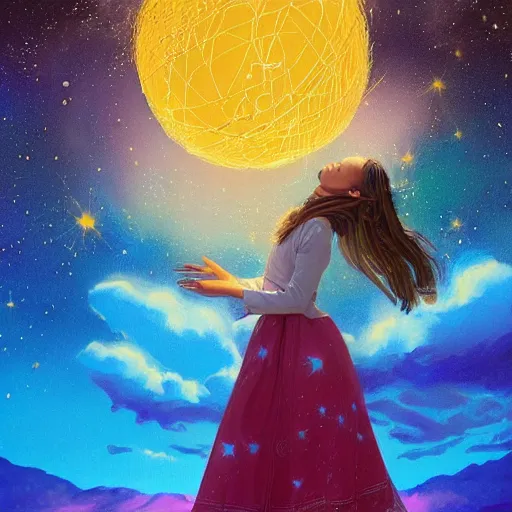 Prompt: A beautiful illustration of a young girl with long flowing hair, looking up at the stars. She appears to be dreaming or lost in thought. mariachi, medieval parchment by Scott Naismith, by Lorenz Hideyoshi, by Michael Whelan vfx, beautiful