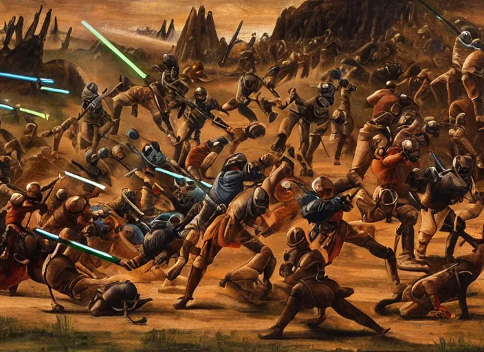 Prompt: medieval oil painting depicting the jedi knights fight on geonosis in attack of the clones, realistic, sharp, uhd