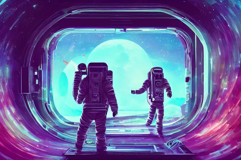 Image similar to an astronaut opening a door that leads to another planet, door is a portal to another planet, flooko style, vaporwave, synthwave, ambient lighting, cinematic lighting, retro, psychedelic, digital art, acrylic, detailed,