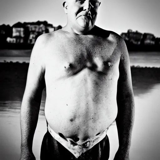 Prompt: b & w photo of fester addams at the beach