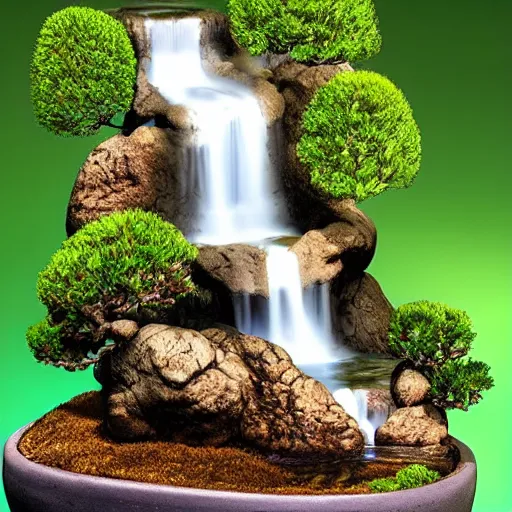 Image similar to digital art of a miniature bonsai,diorama,waterfall,artstation,3D,cartoony,amazing,water falling from platform