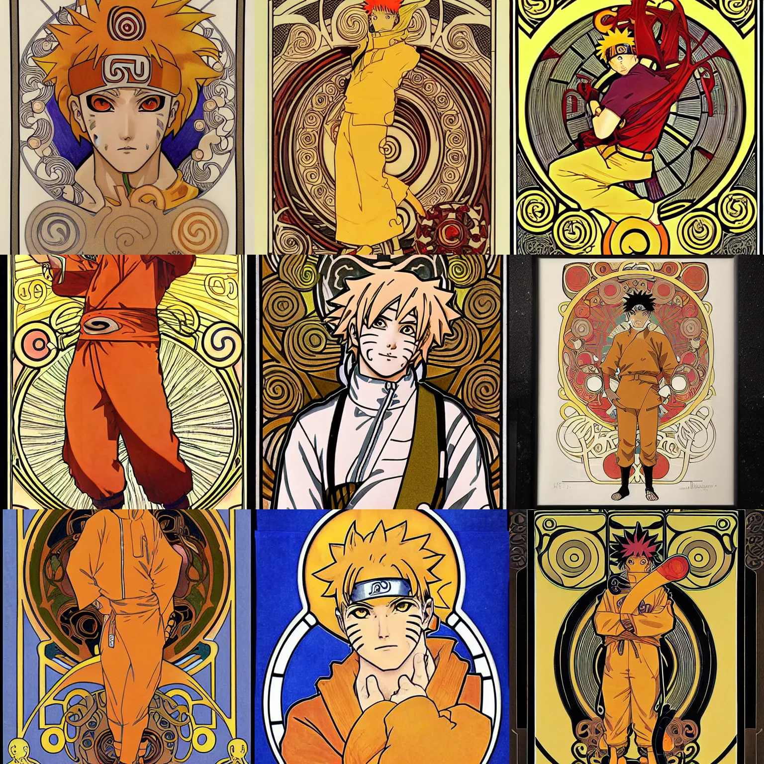 Prompt: art nouveau drawing of uzumaki naruto by alphonse mucha