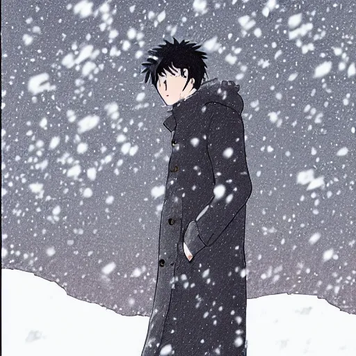 Prompt: drawing of a melancholic man from an anime, with short black hair, wrapped in a warm coat, winter setting, snow falling. very detailed melancholic feeling. studio ghibli - n 4