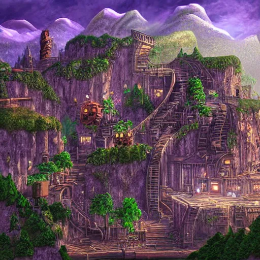 Image similar to fantasy stream punk city built into the side of a large mountain. high quality, detailed digital art