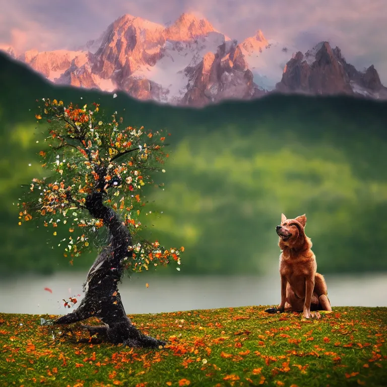 Prompt: a beautiful awesome artistic tree dog walks next to a tree, tree with falling flowers like leaves and many birds, all in the amazing outdoors view, mountain in the background, lake, long exposure, 8 k resolution, trending on artstation