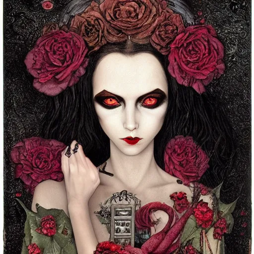 Prompt: a sensual serious gothic vampiress with decaying flowers and a quirky smile, pale with small mouth but exhuberant lips, round beautiful face shape and big expressive eyes in a mixed style by benjamin lacombe, tim burton and gustav klimt