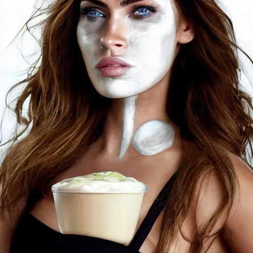 Image similar to mayonnaise in the shape of a human face, human face made out of mayonnaise, megan fox made out of mayonnaise!!!!!, white face paint, professional food photography, unreal engine, by giuseppe arcimboldo