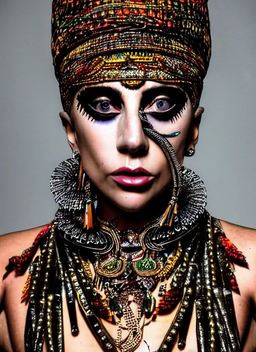 Image similar to lady gaga as a tribal woman, intricate, cinematic lighting, highly detailed, canon 3 5 mm photography, horizontal symmetry, smooth, sharp focus