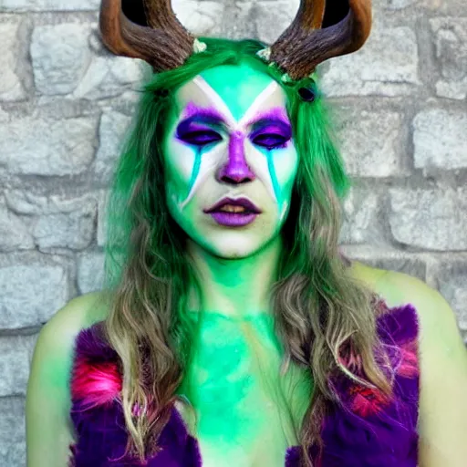 Image similar to tiefling druid with deer antlers growing out of their head blonde hair and large tribal jewelry and face paint, purple, mint, teal, orange, pink, green, red
