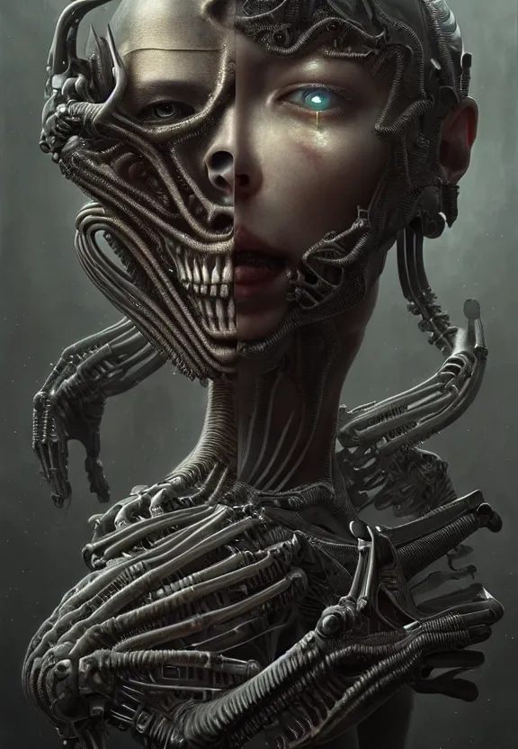 Image similar to ultra realist intricate detailed horror painting of an attractive alien female and a cyborg male, full body, curvy, cyborg tech, symmetry accurate features, very intricate details, horror, side lighting, focus, 8k render, artstyle Hiraku Tanaka and Tom Bagshaw, award winning